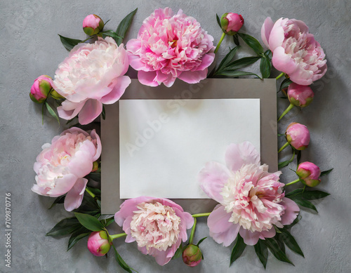 Blank greeting card in frame made of pink color peony flowers on gray background. Wedding invitation. Mock up. Flat lay.