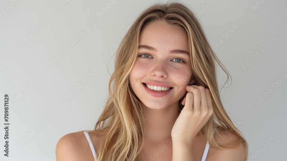 Smiling woman with a hand gently touching her face, displaying clear skin and a joyful expression.
