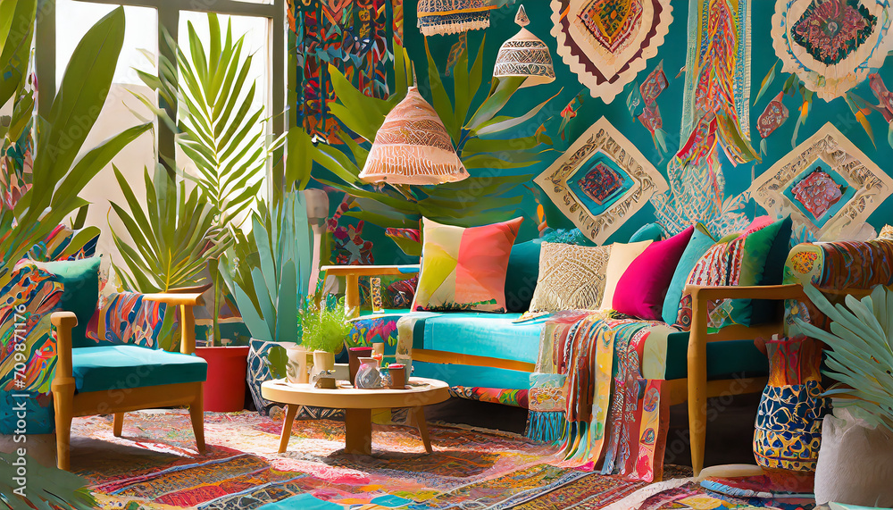 Naklejka premium Bohemian eclectic paradise. Colorful textiles, mix-and-match decor. Low seating, eclectic accents. A lively and free-spirited space filled with bohemian charm.