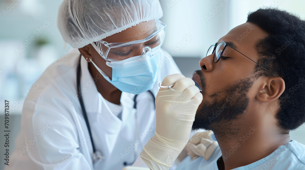 Healthcare professional in protective gear taking a nasal swab from a patient for a COVID-19 test. Healthcare professional in protective gear taking a nasal swab from a patient for a COVID-19 test.