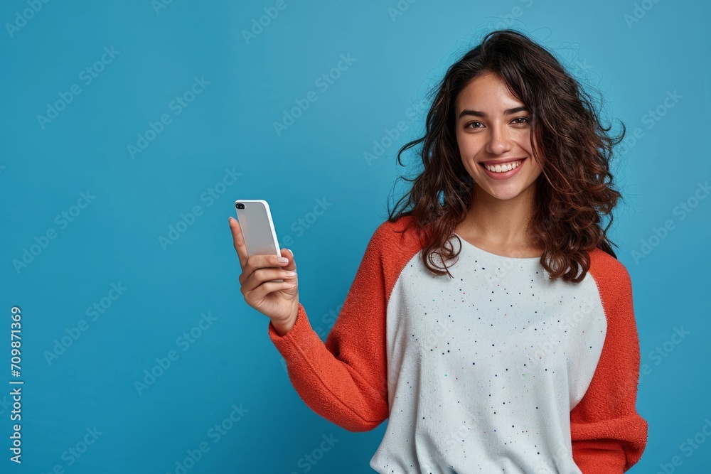 Young happy excited latin woman pointing at mobile phone isolated on blue background. Smiling female model holding cellphone using cell presenting advertising new trendy application, Generative AI Young happy excited latin woman pointing at mobile phone isolated on blue background. Smiling female model holding cellphone using cell presenting advertising new trendy application, Generative AI