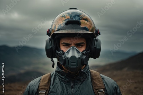 A Symbolic Imagery of Global Safety and Environmental Consciousness with Earth Wearing a Safety Helmet and a Protective Mask, World Day for Safety and Health at Work