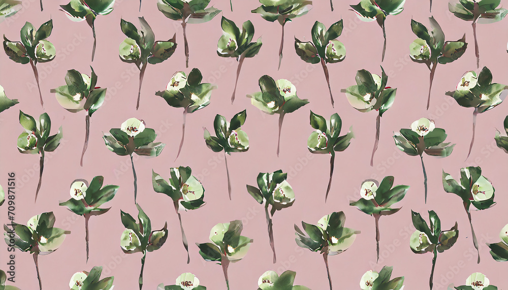 Cute hellebore pattern on pink background, watercolor illustrator, hand painted