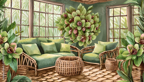Cute hellebore pattern sanctuary. Hellebore prints, soft exotic hues. Rattan furniture, tropical decor. A lively and adorable space inspired by the unique allure of hellebores. photo