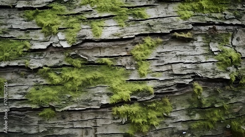 Closeup texture of tree bark. Pattern of natural tree bark background. Rough surface of trunk. Green moss and lichen on natural wood. Dirt skin of wooden. Grey, brown, and green nature background. 