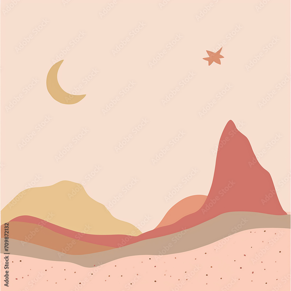 Paisagem montanhas, lua e estrelas - Arte abstrata minimalista 