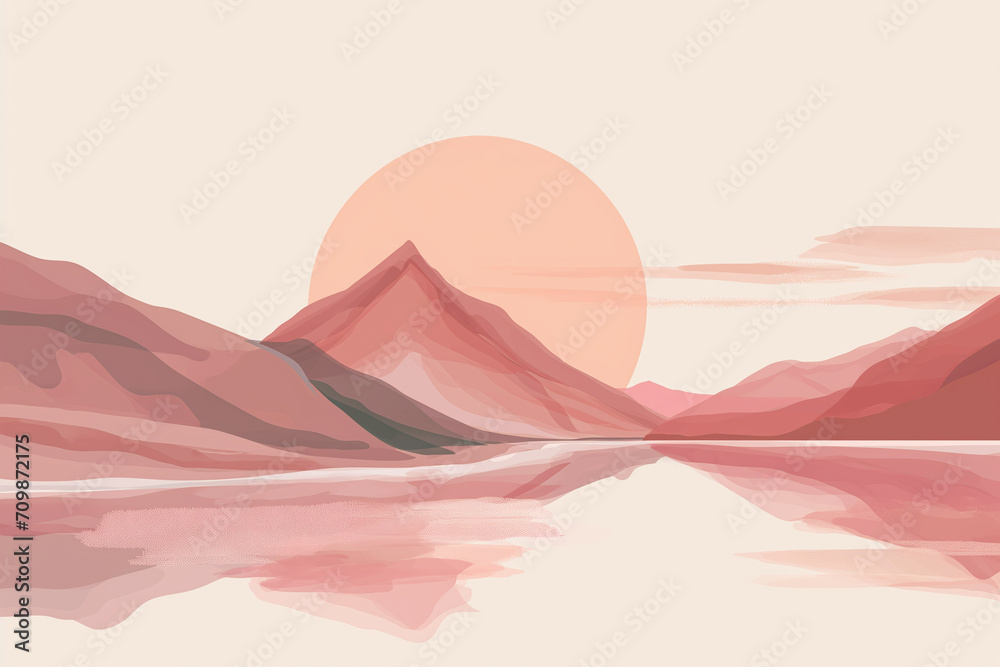 Arte abstrata minimalista de montanhas dunas e o sol - Ilustração nas cores rosa, amarelo e bege pastel.  - obrazy, fototapety, plakaty 