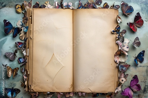 Large book with blank pages and a frame of butterflies photo