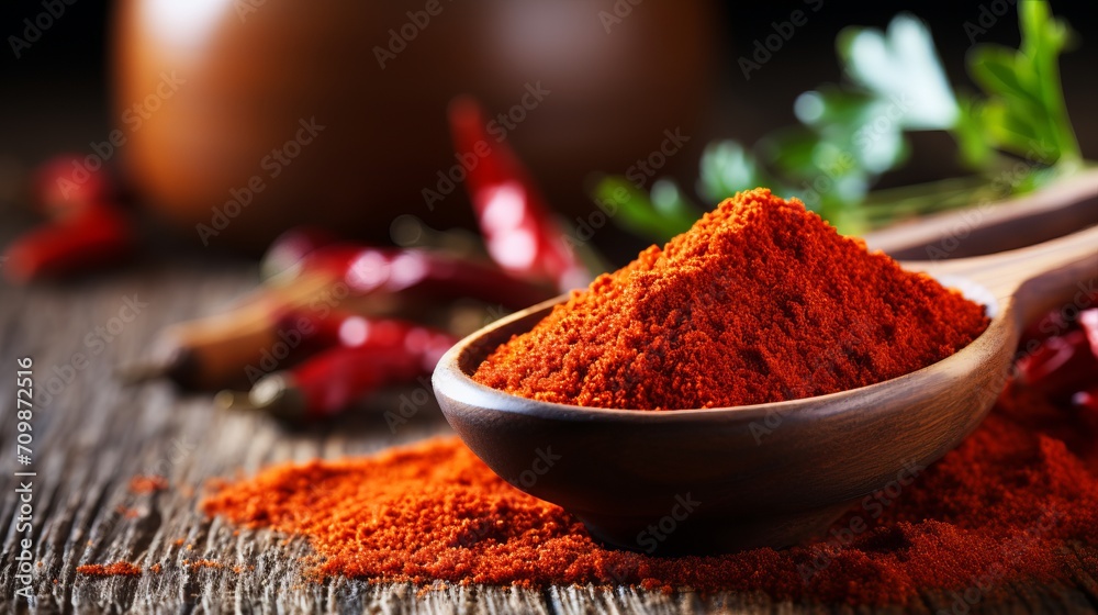 Vibrant paprika powder on wooden spoon with copy space banner for food and spice concepts