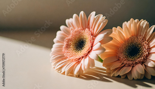 Elegant peach gerbera daisy flowers with sunlight shadows on tan white background with copy space. Aesthetic floral simplicity composition. Close up view flower