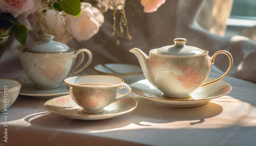 Elegant still life with fine china. Regal hues, intricate patterns. Arrangement of fine china teacups and saucers. Delicate details and soft shadows create an atmosphere of refined elegance.
