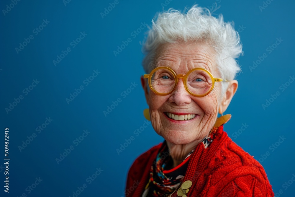 Happy woman with gray hair, 70 years old, wearing a red cardigan and round yellow glasses