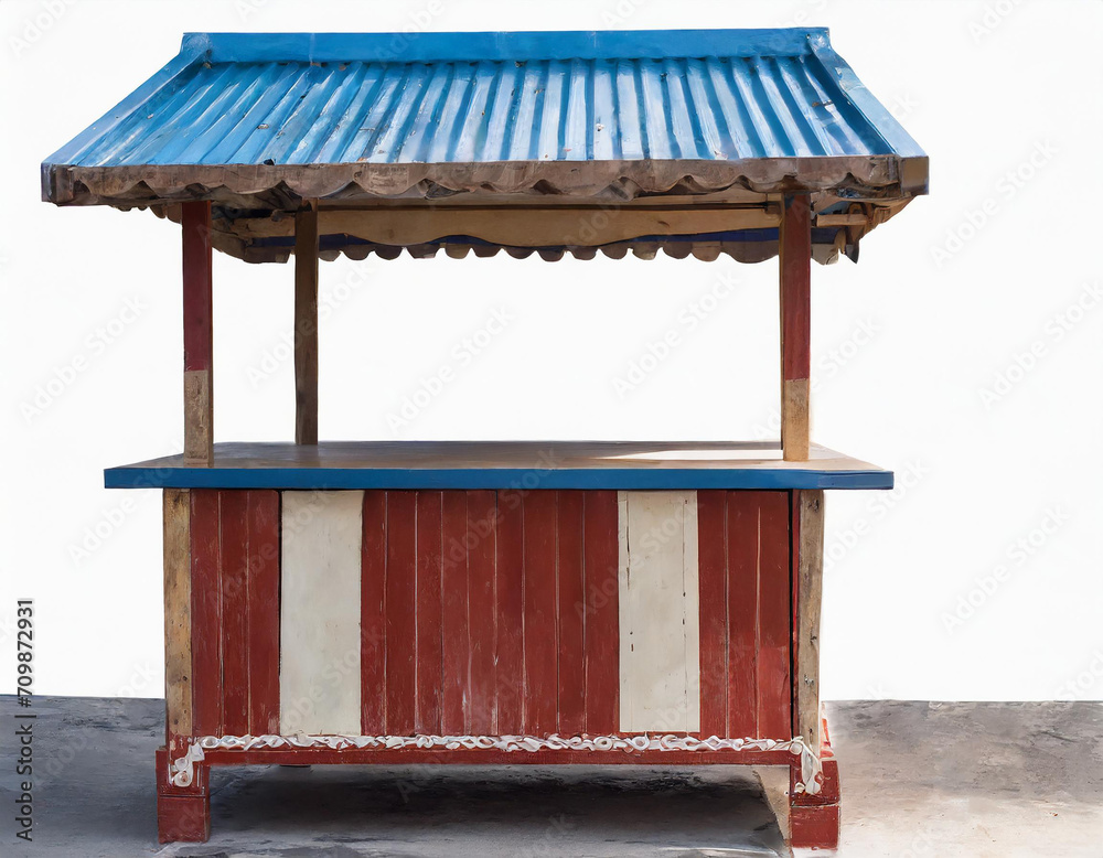 Empty desk or street vendor stall isolated on white background; copy space; dext Empty desk or street vendor stall isolated on white background; copy space; dext