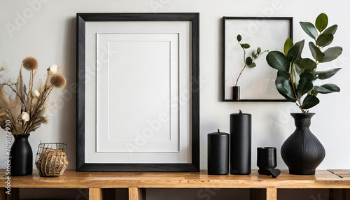 Empty mock up black poster frame on wooden shelf. Interior design of modern living room with white wall and home decor pieces photo