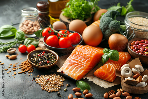 Healthy diet, nutrition food rich in vitamins and omega-3 concept, assorted fresh vegetables, green salad, fruit, fish salmon, nuts, blueberries healthy nutrition or anti-inflammatory diet photo