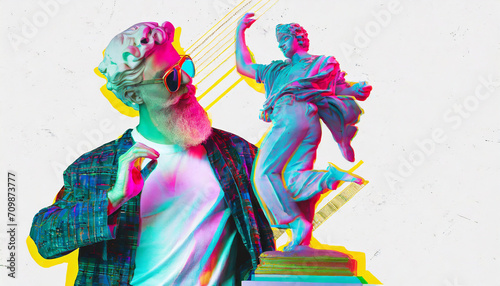 Glitch effect. Colorful design with man with antique statue head dancing over white background. Hipster. Contemporary art collage. Concept of creativity  imagination