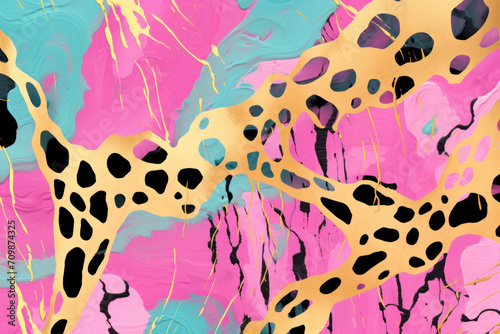 Abstract painting, pink, mint and gold. Cheetahs pattern style.