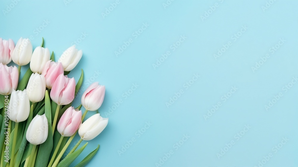 Mother's Day Tulip Bouquet: Top View Photo on Pastel Pink Background with Copyspace for Promotional Content