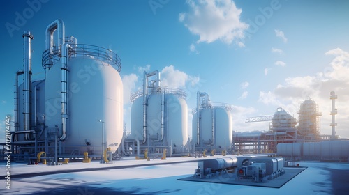 Gas turbine electrical power plant. Global energy crisis concept. Natural gas tank. Industrial gas storage tank. LNG or liquefied natural gas storage tank. Power plants with energy crisis concept. photo