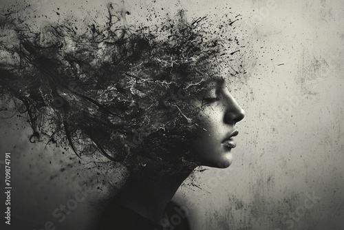 In monochrome style, the girl's face in profile on a gray background, the girl's hair and head are covered with splashes of black and gray paint, anxiety in the head and a mask of calm on the face © Юлия Журина