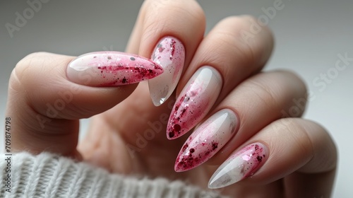 close-up of a hand with a beautiful cat manicure of pink pearl color on a light background, banner