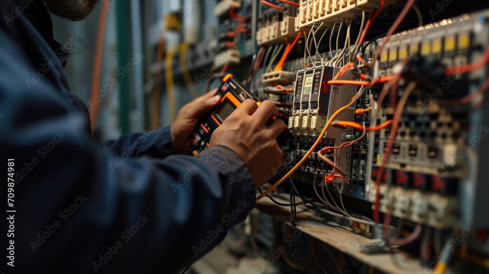 A technician in professional attire is carefully using a digital multimeter to check or troubleshoot an electrical panel