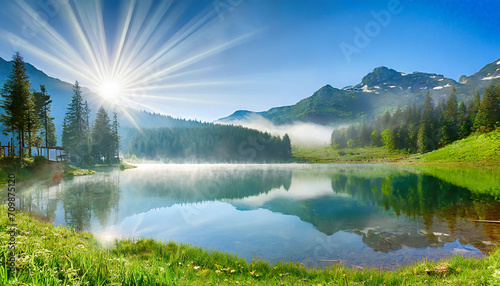HDR landscape of a mountain lake at early morning mist