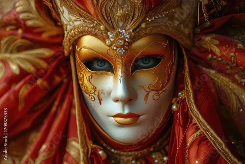 Colorful masks and costumes at traditional Carnival in Venice. Beautiful woman in mysterious mask. Venetian carnival. Mardi Gras, masquerade party or holiday event © ratatosk