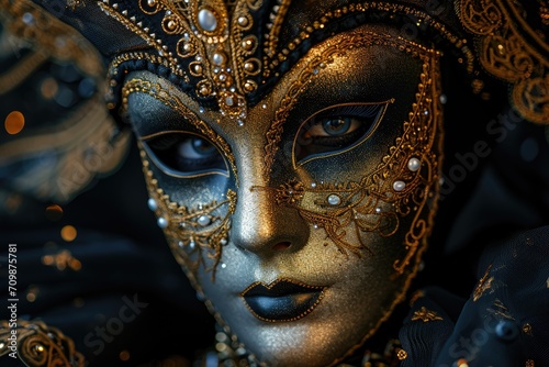 Colorful masks and costumes at traditional Carnival in Venice. Beautiful woman in mysterious mask. Venetian carnival. Mardi Gras  masquerade party or holiday event