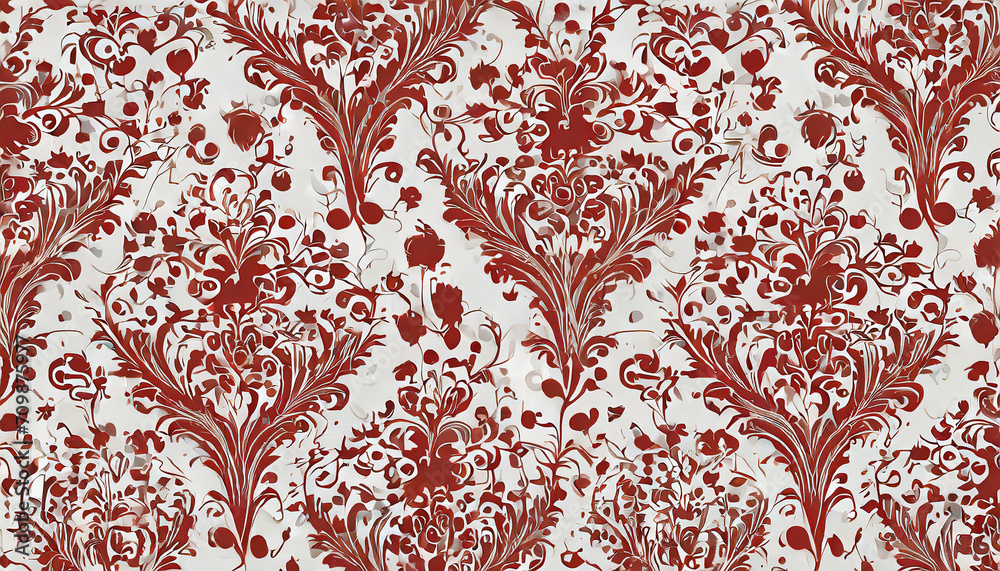 Red wallpaper vintage flock with red damask design on a white ...