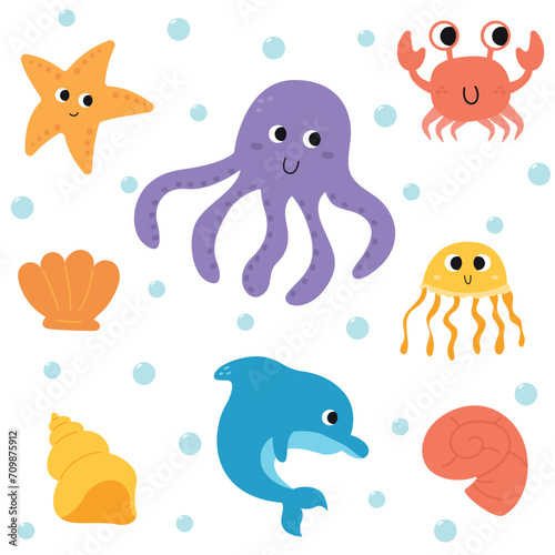 Set of cute hand drawn cartoon sea animals. Underwater world. Undersea life. Ocean creatures..