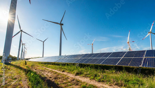 Renewable energy landscape with solar panels and wind turbines under a clear blue sky, harnessing the power of the sun and wind for sustainable electricity.