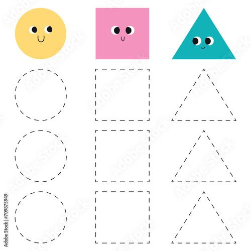 Handwriting practice for kids.  Trace worksheet with shapes. Circle, square and triangle.