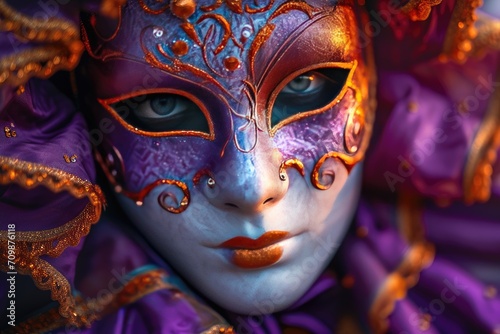 Colorful masks and costumes at traditional Carnival in Venice. Beautiful woman in mysterious mask. Venetian carnival. Mardi Gras, masquerade party or holiday event