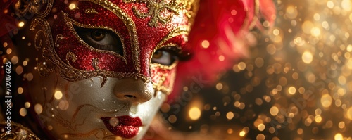 Colorful masks and costumes at traditional Carnival in Venice. Beautiful woman in mysterious mask. Venetian carnival. Mardi Gras, masquerade party or holiday event photo