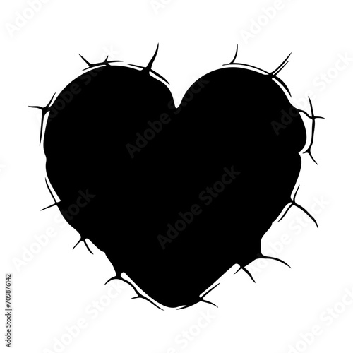 broken heart, heart shaped hole in a wall with black hole in the middle of the wall