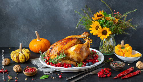 Roasted chicken or turkey for Thanksgiving Day. Baked chicken with herbs and berries, corn and pumpkins for thanksgiving dinner on black wooden table. Table settings for Thanksgiving Day. Copy space