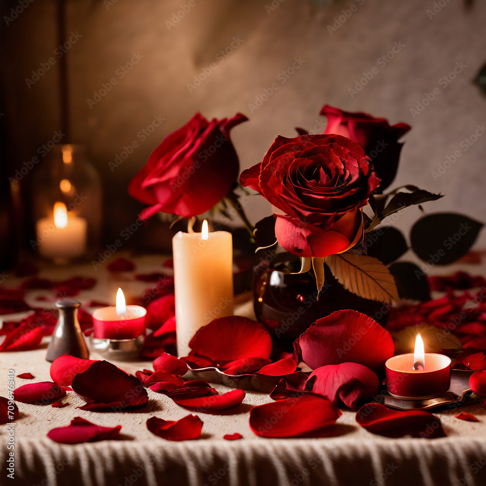 Romantic still life with rose petals. Deep reds, intimate details. Arrangement of scattered rose petals and candles. Romantic allure, creating a sensual and intimate atmosphere.