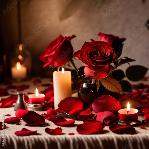 Romantic still life with rose petals. Deep reds  intimate details. Arrangement of scattered rose petals and candles. Romantic allure  creating a sensual and intimate atmosphere.