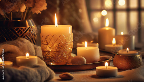 Romantic still life with candles. Warm hues  intimate ambiance. Arrangement of candles and soft lighting. Romantic and cozy  evoking a serene atmosphere with the flicker of candlelight.