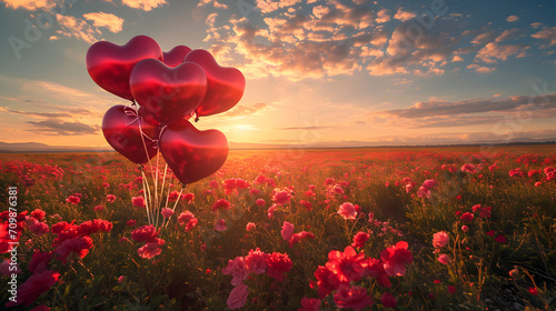 Obraz na płótnie Product photograph of heart shaped balloons tied to ground in a field of blooming flowers