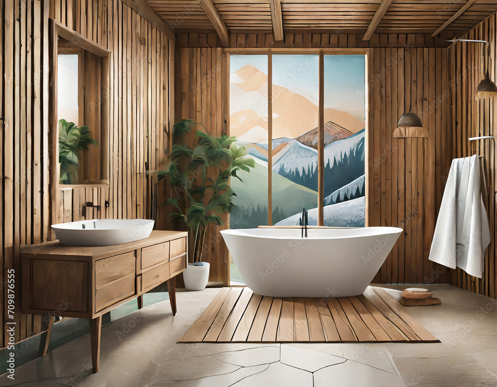 Fototapeta premium Rustic interior design of modern bathroom with wooden wall and bathtub decorated with solid wood slab