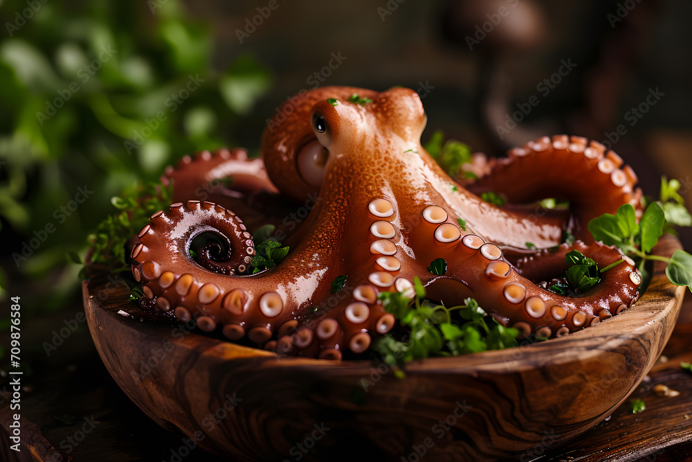 Cooked whole octopus on wooden plate 