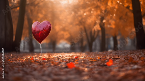 Product photograph of heart shaped balloons tied to ground in a pile of autumn leaves in a park. Sunlight red color palette Objects. 