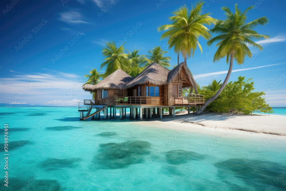 Tropical Overwater Bungalow with Palm Trees