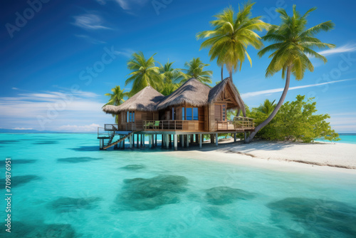 Tropical Overwater Bungalow with Palm Trees