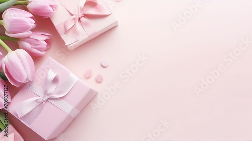 Captivating Mother's Day Decorations: Trendy Gift Boxes, Ribbon Bows, and Tulips on a Pastel Pink Background, Perfect for Celebrating Love and Family © Sunanta