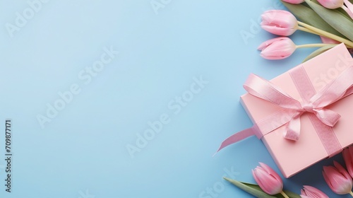 Captivating Mother's Day Decorations: Trendy Gift Boxes, Ribbon Bows, and Tulips on a Pastel Pink Background, Perfect for Celebrating Love and Family