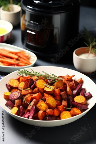 Delicious vegetables fried with Provencal herbs, rosemary, temyan. Carrots, sweet potatoes, beets, potatoes. Garnish. air fryer