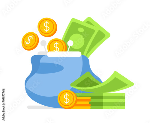 Flat design vector illustration of a wallet with coins and cash, concept for finance, savings, wealth, and economic transactions